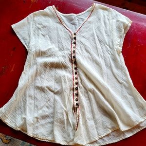 Hand-Embroidered 100% Cotton Lightweight Tunic Button Short Sleeve Blouse Boho